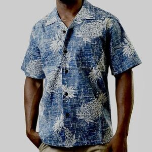 Palmwave Men’s Blue & Off White Pineapple Print Aloha Shirt | Size M
